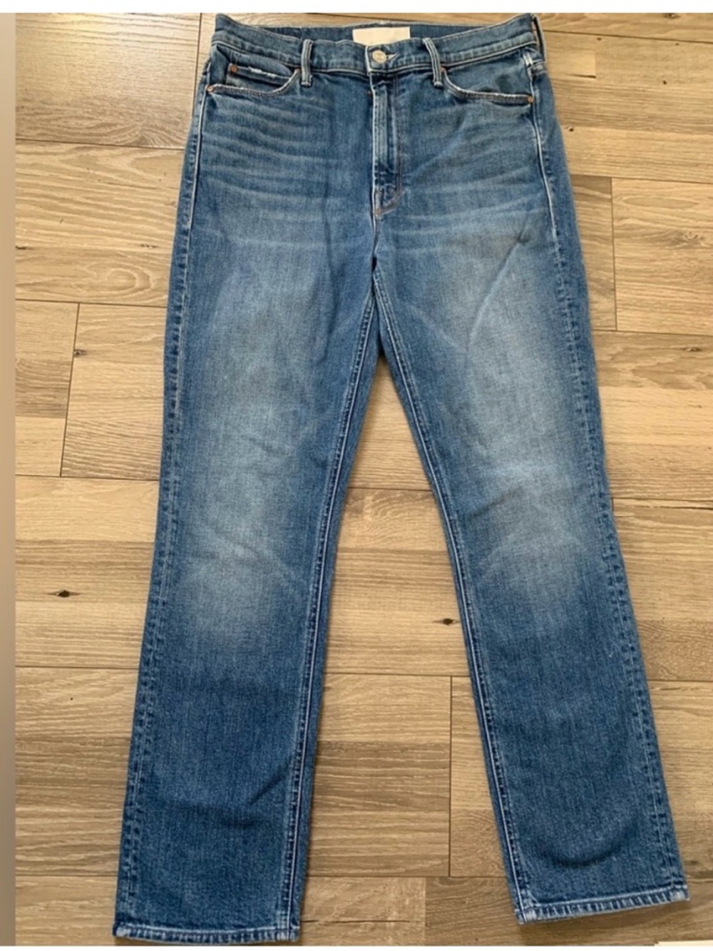 MOTHER Straight Leg Jeans in Medium Wash Blue